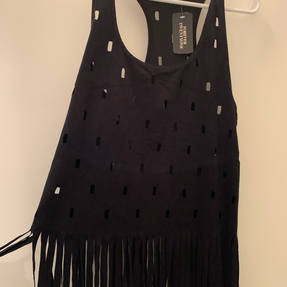 Forever 21 black festival tank top fringe NWT S